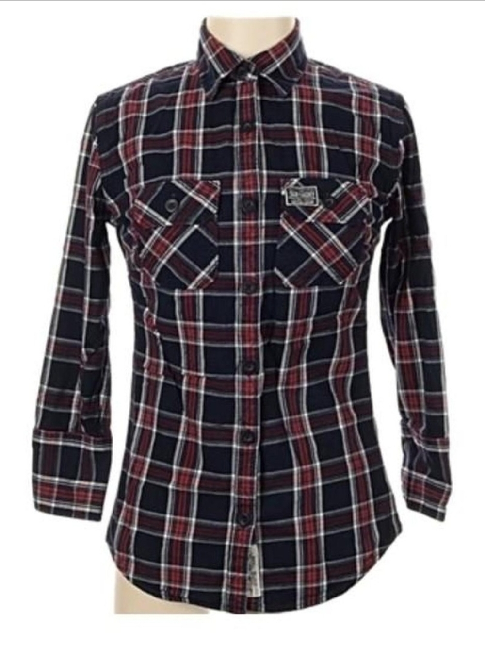 Superdry Women's Fitted Navy and Red Plaid Button-Down Shirt